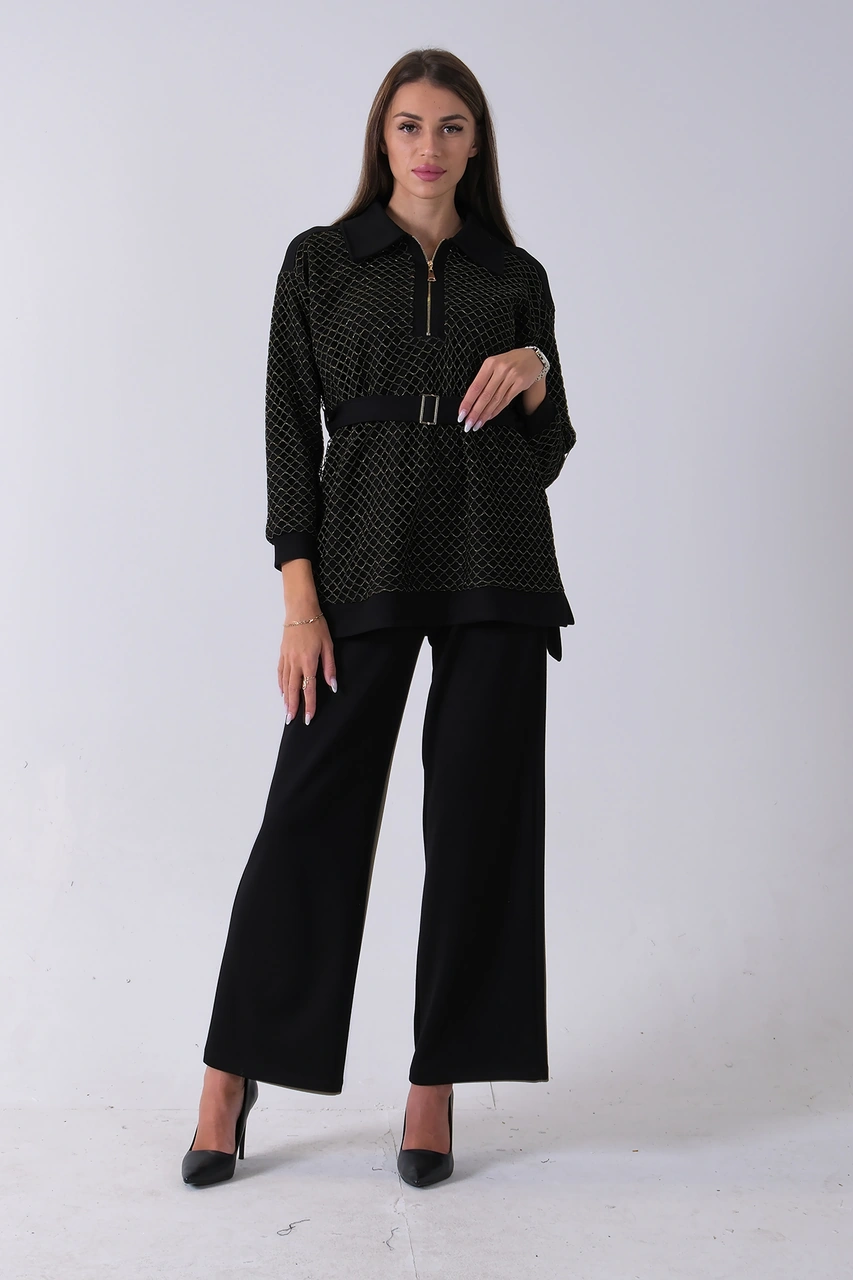 Feminist Gold Tunik Yaka Fermuar Kapamalı File Detaylı Pantolonlu Takım 4577283.122 Gold