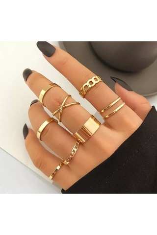 X-lady Accessories Altın Renk Kombin Sarmal Bileklik 10 Lu Yüzük Kalp Sf Kolye Kart