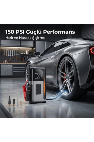 Akü Takviyeli Lastik Şişirme Hava Kompresörü, 150 Psı Güçlü Hava Basıncı, 12000 Mah Uzun Şarj Ömrü, 1200a A
