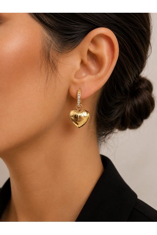 Cm Jewelry Zirkon Taşlı Bombe Kalp Gold Çelik Küpe Altın