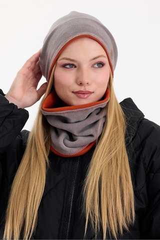 Butikgiz Kadın Dış Kısım Polar, İç Kısım Kaşkorse Pamuklu, Çift Renk, Çift Kat, Katlanabilir Bere Boyunluk Set Gri-kiremit