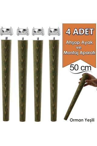 4 Adet Ahşap Ayak 50 Cm Orman Yeşili M8 Civatalı Bağlantı Aparatlı Mobilya Tabure Sehpa Masa Destek Ayağı Orman Yeşili