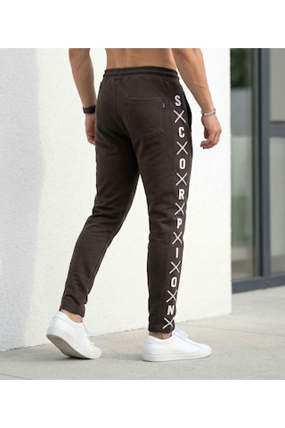 Plus Scorpion Erkek Slim Fit Eşofman Altı Yazılı Şerit Detaylı, Dar Paça Jogger Pantolon Kahverengi