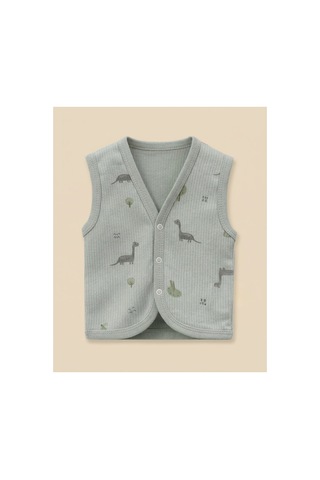 Minory Baby - %100 Pamuk Bebek Yeleği Dinozor Motifli Yeşil Yeşil