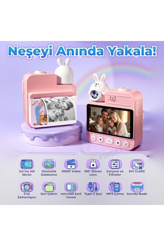 Jd30 3.0" Ekran 1080P Video 180 Derece Dönen Lens Anında Baskılı Çocuk Kamerası