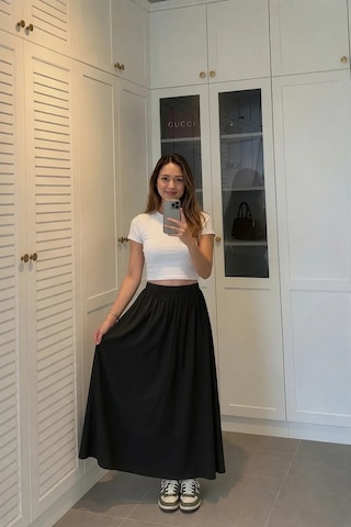 Kadın Siyah Poplin Kumaş Uzun Etek Beli Lastikli Günlük Maxi Etek 90 Cm