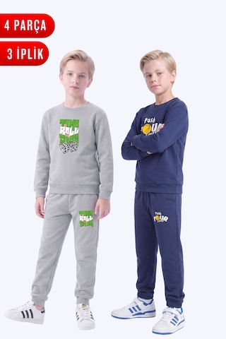 Panios Kids 3 İplik Baskılı Erkek Çocuk Çift Cepli Bisiklet Yaka 2'li Eşofman Takımı 4 Parça Gri - Lacivert