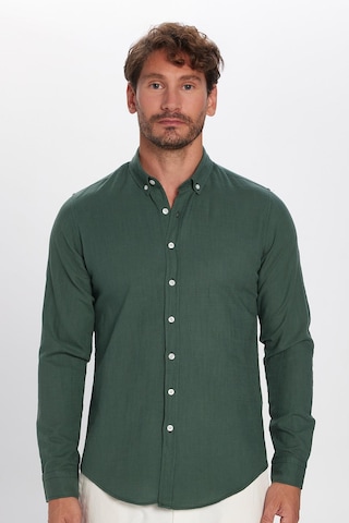 Tudors Erkek Slim Fit Dar Kesim Uzun Kollu %100 Pamuk Keten Doku Düğmeli Yaka Haki Gömlek-32802 Haki