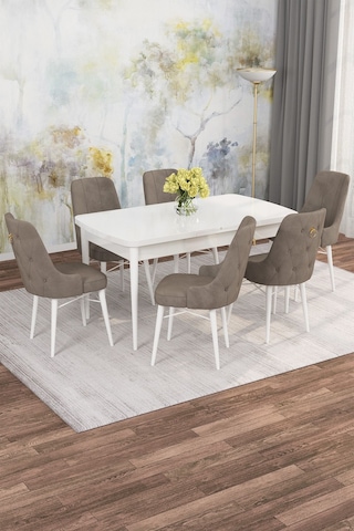 Mona Beyaz 80x132 Açılabilir Mdf Masa Yemek Odası Takımı, Mutfak Takımı 6 Adet Sandalye Beyaz Masa - 6 Cappuccino - Beyaz Ayak