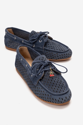 Luvishoes Stevo Kot Mavi Süet Hakiki Deri Delikli Bağcıklı Kadın Loafer Ayakkabı