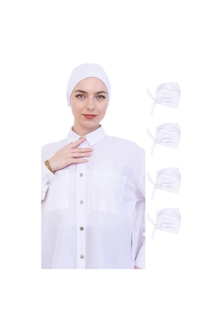 Kadın Tesettür Bone Bağcıklı Dikişsiz Penye 4 Parça Set Beyaz
