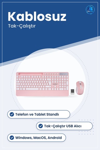 Klavye Mouse Set Kablosuz Telefon Ve Tablet Standlı Beyaz Pembe O