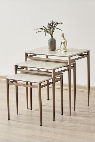 Damrin Serisi Traverten Desen 1. Sınıf Mebran Mdf 3 Lü Zigon Sehpa Takımı Traverten Desen - Bronz Ayak