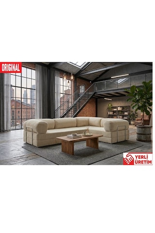 Herev Max 300x200 Kk Köşe Koltuk Takımı / Fitilli Kadife Kumaşlı Şark Köşe Ekru