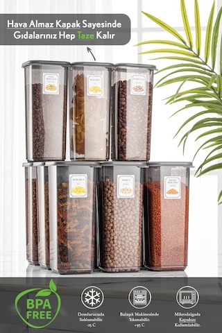 Meleni Home 12'li Jumbo Boy Elisa Etiketli Kapaklı Kare Erzak Saklama Kabı Antrasit 12 X 1.70 Lt Bakliyat Kabı