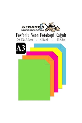 Neon Fosforlu Renkli A3 Fotokopi Kağıdı 50 Li 1 Paket 50 Adet Fosforlu 5 Renk Parlak Canlı Renkler Fotokopi Kağıdı