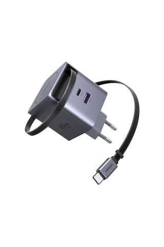 Ugreen 65w Makaralı Dahili Kablolu Gan Hızlı Şarj Cihazı, 2xusb-c, 1xusb-a, Gri, 65825