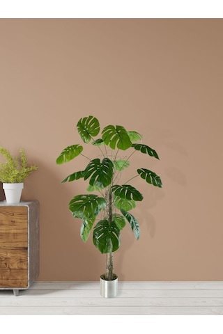 Gümüş Saksılı Yapay Monstera 18 Dallı Çalılı Gövde 120 x 60 CM