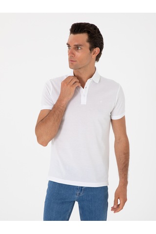 Beyaz Slim Fit Polo Yaka Pamuklu Basic T-shirt