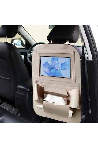 Glanz Araç Koltuk Arkası Organizer Bej Oto Tablet Telefon Tutucu Araba İçi Düzenleyici