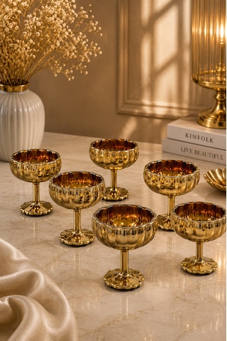 6 Lı Gold Kaplama Cam Ayaklı Kahve Yanı Lokumluk Kahvaltılık Kase Sunumluk Reçellik 50ml