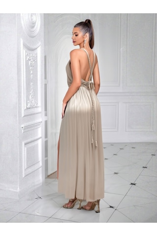 Fashion Cocktail Helen Örgü Sırt Bağlamalı Parlak Yumuşacık Saten Yırtmaçlı Bohem Yazlık Uzun Helenistik Gece Elbise Altın