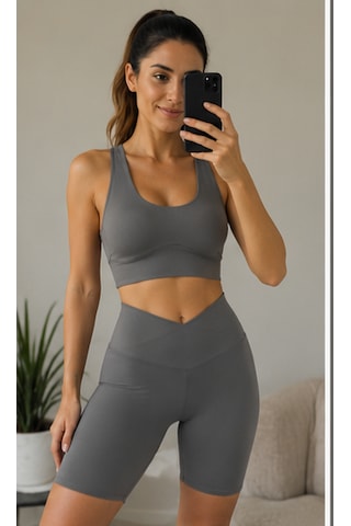 Cocosushicooo Kadın Spor Takım Yüksek Bel Biker Tayt Şort Ve Destekli Spor Büstiyer Takım Fitness Pilates Yoga Vizon Rengi
