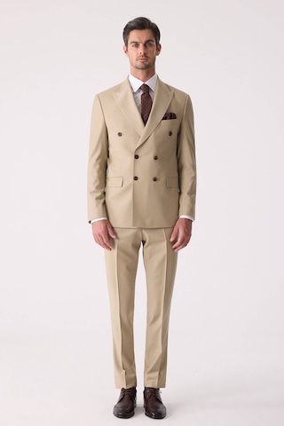 Erkek Bej Slim Fit Yün Kruvaze Takım Elbise