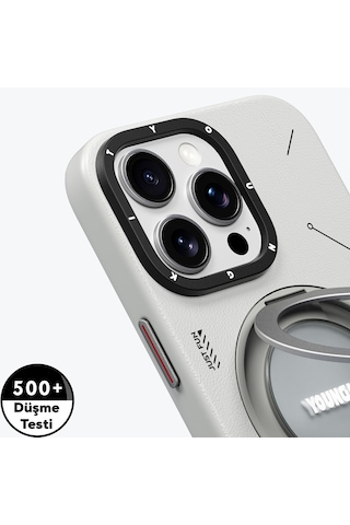 Apple Uyumlu iPhone 16 Pro Kılıf Magsafe Şarj Özellikli 360 Standlı Deri Desenli Youngkit Tech Leather Serisi Gri