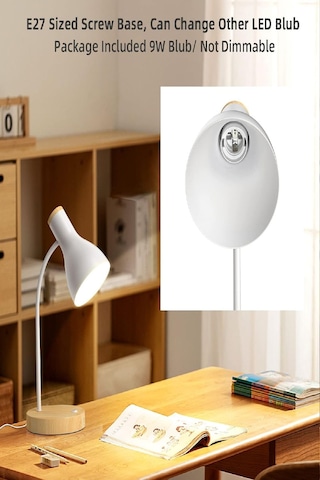 Usb Led Masa Lambası Beyaz Ahşap Tabanlı Modern Dekoratif, Şık Esnek Boyunlu Ofis Ve Çalışma Lambası Beyaz
