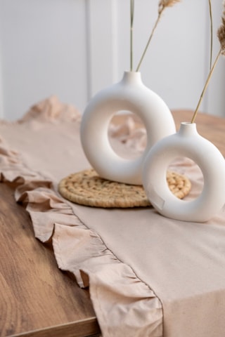 Naturel Kahve Fırfırlı Keten Runner - 40x110 Cm Kahverengi