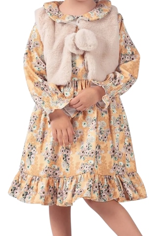 Kız Çocuk Çiçek Desenli Peluş Yelekli Midi Boy Astarlı Elbise Hardal
