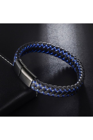 Casera's Mavi Siyah Deri Örgü Ve Çelik Erkek Bileklik Csr2220029
