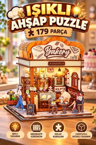 3d Ahşap Pastane 179 Parça Işıklı Detaylı Ve Gerçekçi Tasarımlı Dekoratif Oyuncak Puzzle