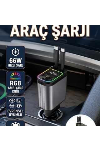 Toyota Honda Nissan Hyundai Uyumlu 66w 4 Port Hızlı Araç Şarj Cihazı Pd Qc Destekli Led Işıklı