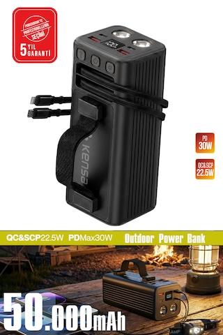 50000mah Powerbank 30w Pd 22.5w Qc Hızlı Şarj Dahili Usb-c Lightning Kablolu Led Fenerli Taşınabilir Şarj Cihazı