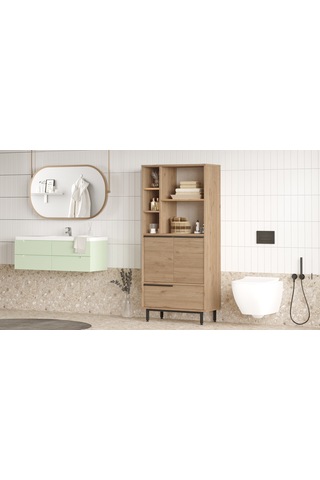 Yurudesign Ocean Banyo Dolabı Çok Amaçlı Dolap 3 Kapaklı Metal Ayaklı Sepet On9C-S Kahverengi