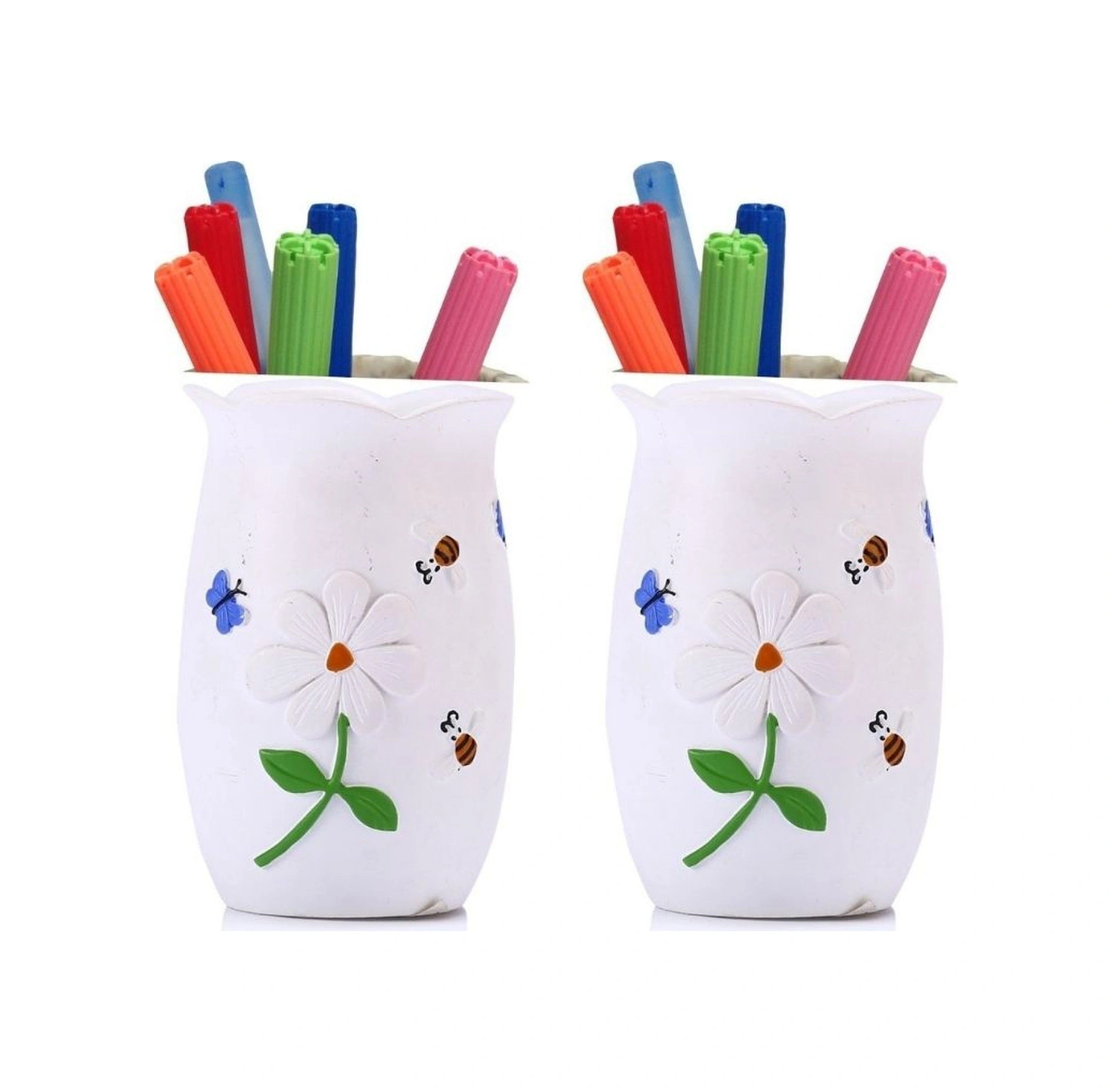 2 Adet Kalemlik Çiçekli Poliresin Model Ofis Gereci 7x7x10cm Çok Renkli