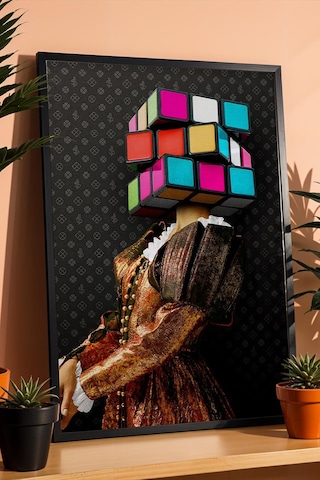 Rubik Küpü Kafalı Kadın Çerçeveli Tablo Rönesans Tarzı Renkli Küp Başlıklı Modern Ofis Dekoru Modifiye Sanat