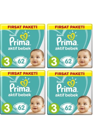 Prima Pampers Aktif Bebek Fırsat Paketi Midi Bebek Bezi 6-10 KG 3 Beden 4 x 62 Adet 4'lü