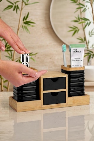 Siyah Bambu Çekmeceli Sıvı Sabunluk Ve Diş Fırçalıklı Banyo Organizeri Siyah