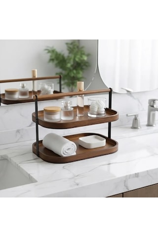 Qerhome 2 Katlı Akasya Stand / Sunumluk / Çok Amaçlı Organizer Doğal Ahşap İki Katlı Servis Ahşap