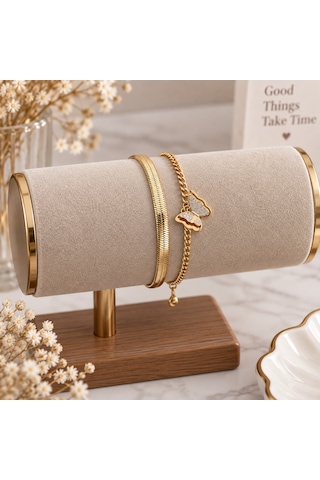 Gold Renk Kelebek Figürlü Çift Katmanlı Kadın Bileklik Taşlı Şık Çelik Bileklik Altın - Gold