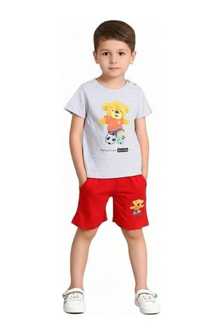 Erkek Bebek Ayıcıklı Pamuklu Şortlu Takım-15829 Gri
