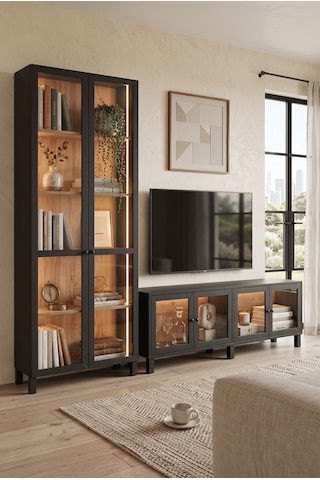 Prime Temperli Cam Kapaklı Neon Led Işıklı Tv Ünitesi Tv Sehpası & Led Işıklı Vitrin Büfe Kitaplık Takımı Sepet-siyah
