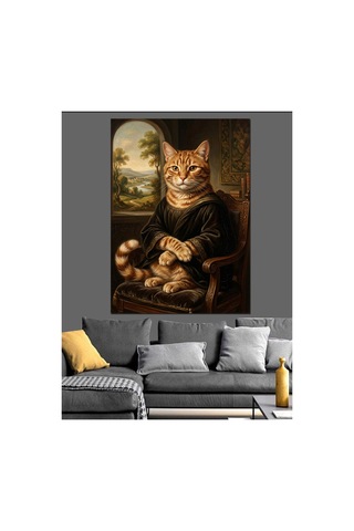 Mona Lisa Tarzı Soylu Kedi Yağlı Boya Dokulu Kanvas Tablo Canvas Tablosu