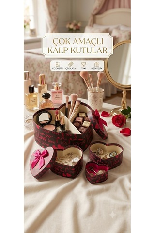 Sevdiklerinizi Mutlu Etmenin En Şık Yolu 3'lü Kalp Hediye Kutu Seti 3'lü Set I Love You Siyah Kutu Rengi-Kırmızı