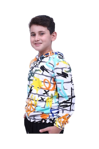 Fyk Kids Kapşonlu Desenli Unisex Sweatshirt Beyaz