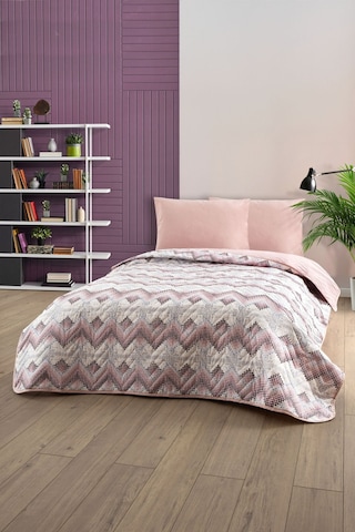 Çift Kişilik Desenli Kapitone Çift Taraflı Renkli Pike Yatak Örtüsü Takımı 200x230 Cm Çarşafsız Pudra