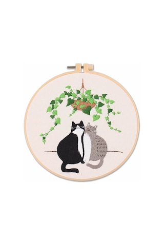 Mufunye Dıy Kedi Desenli Işleme Seti - 30x30cm Kumaş, 20x20cm Çerçeve İle Hamur Ve İpi Dahil - Başlangıçcı Dost Ev Dekoru